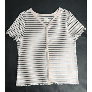 Pink Striped Ribbed Cardigan Womens XXS Baby Tee Lettuce Trim Y2K Inspired Top